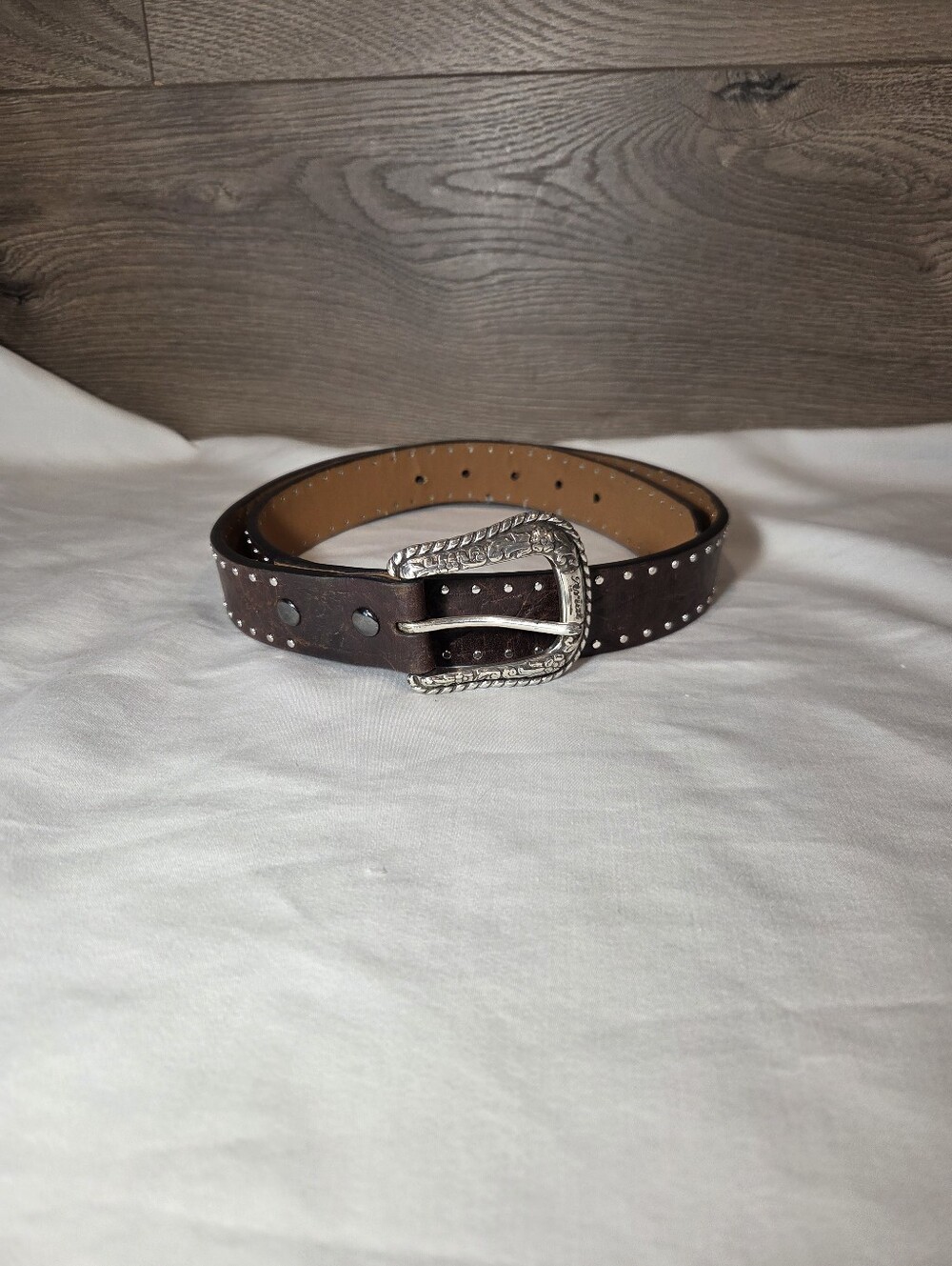 Ariat Brown Studded Leather Belt with Silver Buckle Sz 34